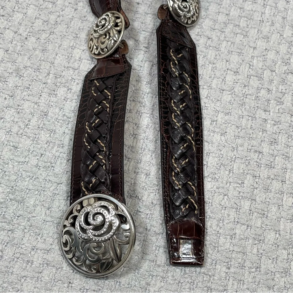 BRIGHTON Belt Brown Woven Croc Leather Concho Rhinestones Silvertone Size 36